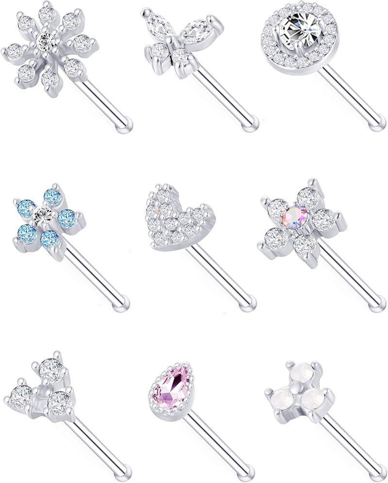 Tornito 9Pcs Nose Rings Stud L Bone Screw Shaped Nose Ring Flower CZ Snowflake Butterfly Screw Nose Stud Body Piercing Jewelry for Women Men 20G Silver Gold Rose Gold Tone - Image 1